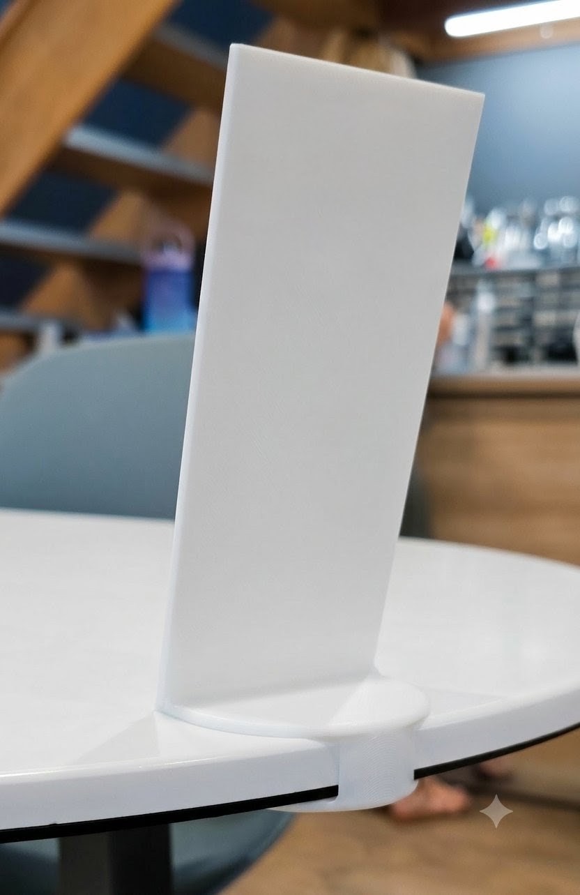 Support PLV fixé au bord d'une table grâce au socle clip