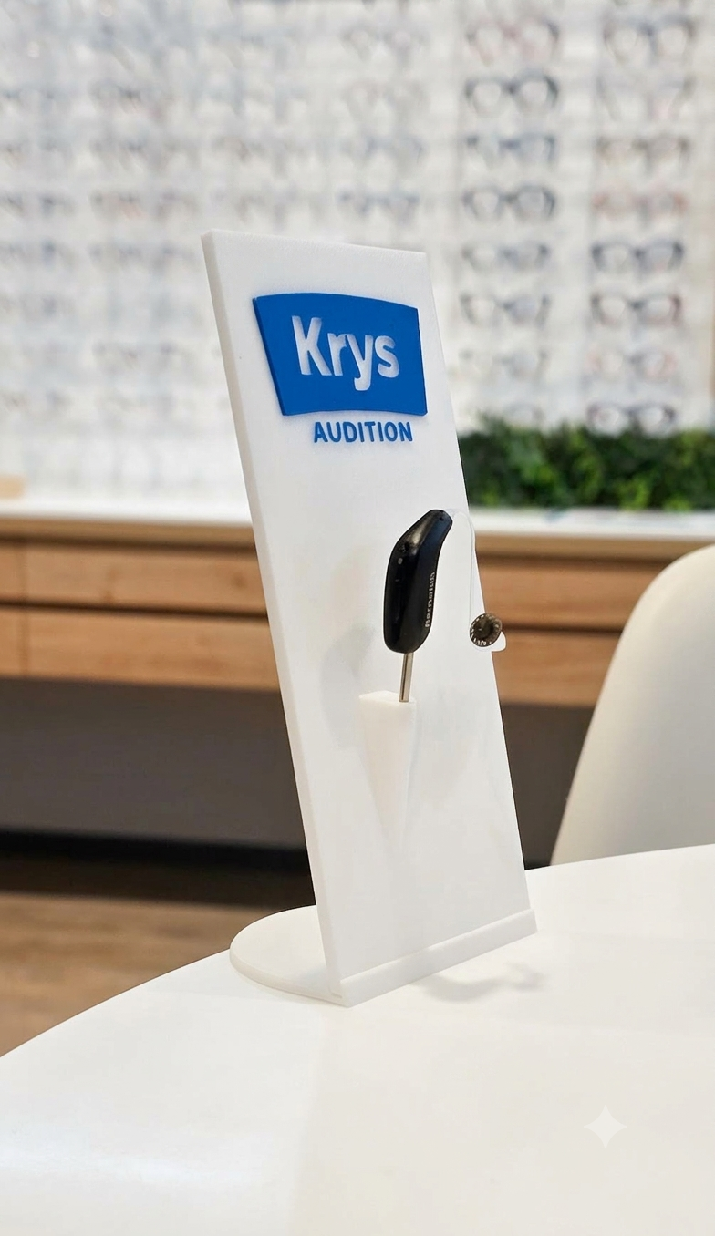 Support PLV Krys Audition en situation dans un magasin d'optique