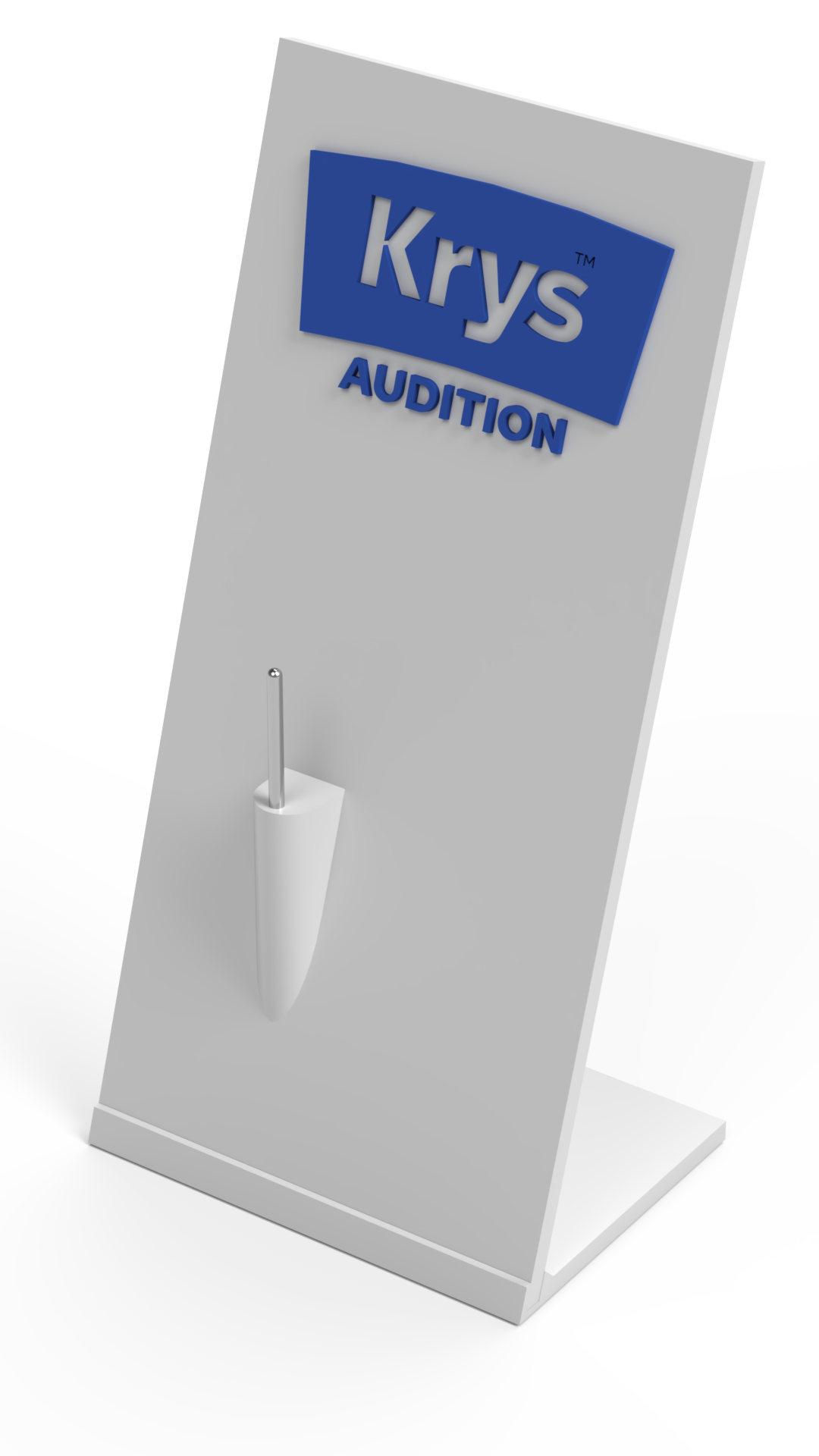 Rendu 3D du support PLV Krys Audition avec socle à poser, vue de face